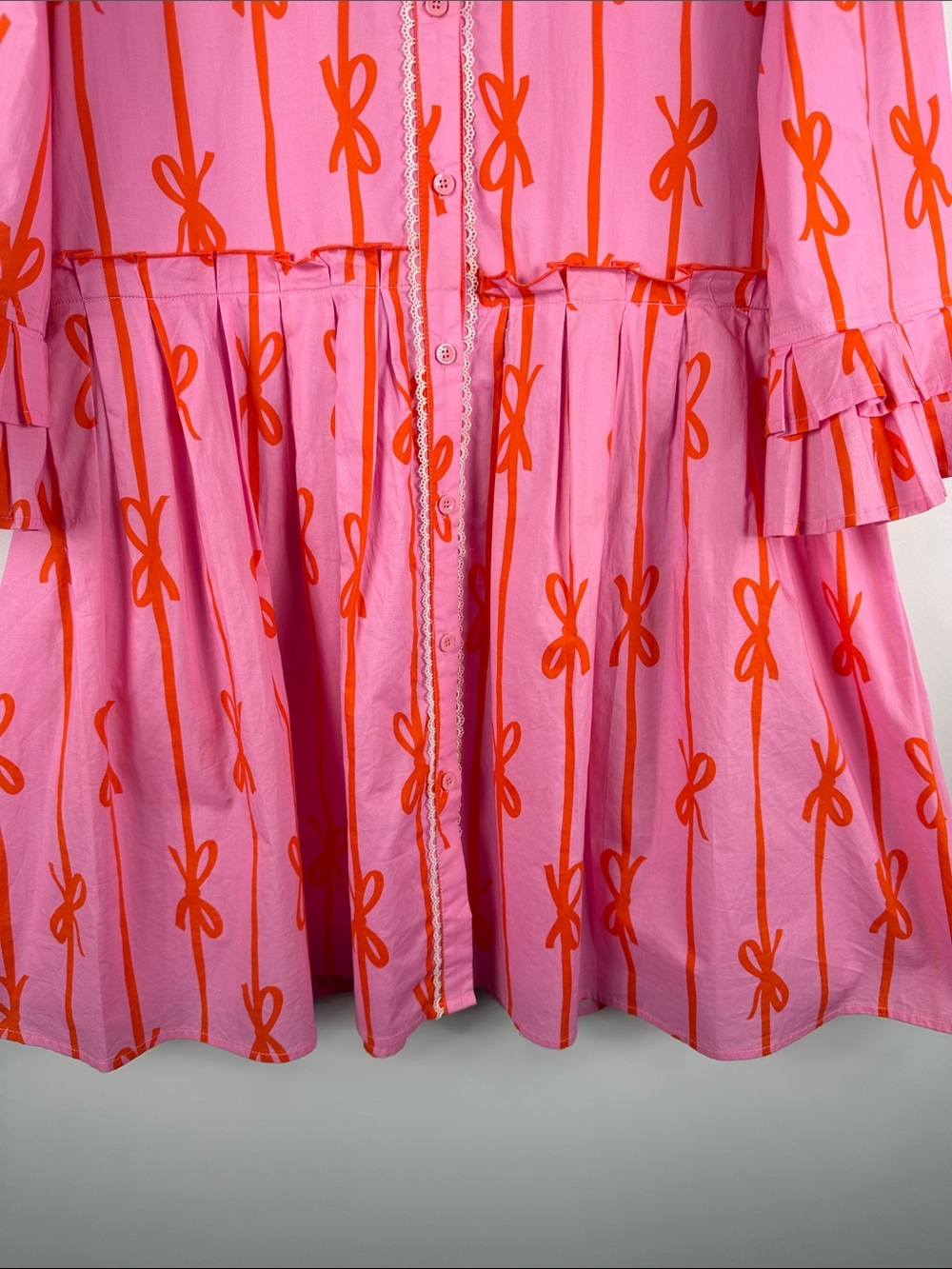 Ivy City Co Bowie Dress XL Pink Orange Bow Print Ruffle Sleeve Tiered Mini - Picture 6 of 9